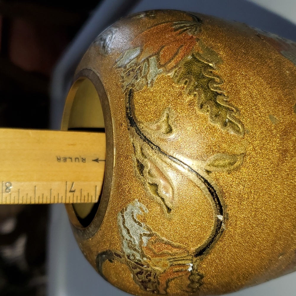 Early Century French Art Brass Vase Flower Pot Raised Design Blue Green Gold - Picture 8 of 10